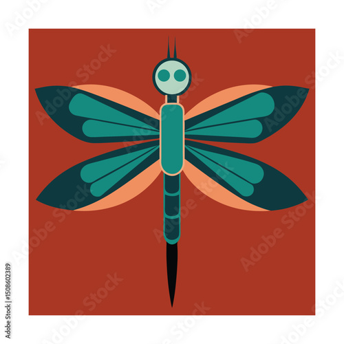 Stylized geometric dragonfly illustration with teal wings and brown background in square format