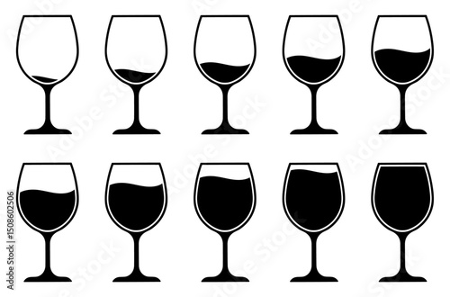 Set of black silhouette wine glasses showing liquid levels from empty to full. Vector illustration representing drink measurement, alcohol volume, consumption stages, or infographic design.