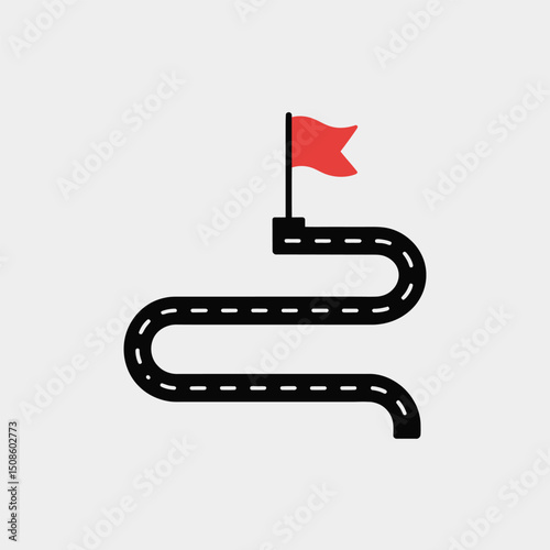 Curved road icon leading to red destination flag in bold vector style for travel maps, journey tracking tools, and direction-based applications and infographics