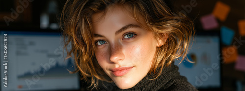 A young woman with glowing skin and blue eyes sits at a desk with a coffee cup in hand, bathed in warm sunlight, while data charts are displayed on dual monitors behind her.