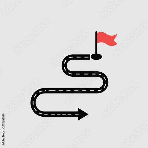 Navigation path with red destination flag and directional arrow in vector design ideal for route guidance, map applications, GPS tools and digital travel dashboards
