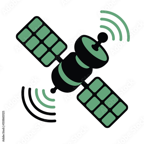 Modern satellite communication vector with green dual solar panels and dual signal arcs, designed for space technology icons, GPS apps, and broadcasting UI visuals
