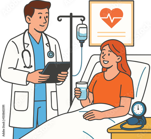 Doctor Visiting Patient in Hospital, Vector Illustration.