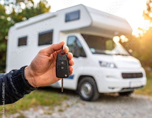 Hand holding key to a large white camper van outdoors