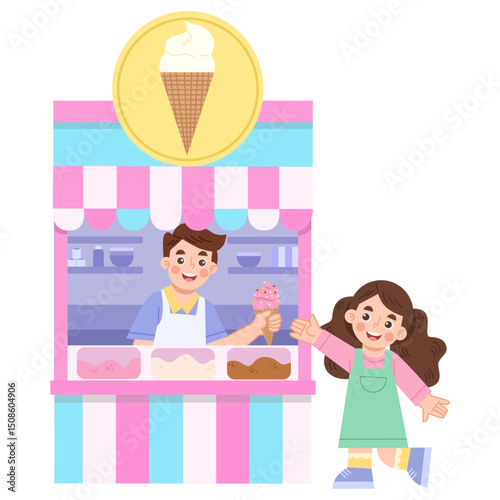 Illustration of a cheerful little girl buying ice cream
