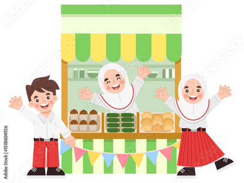 Illustration of Indonesian school children at a food stall