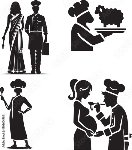 A compilation of chef and food related silhouettes in black and white vector illustration style art