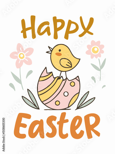 Happy Easter Chick in Egg with Flowers Graphic