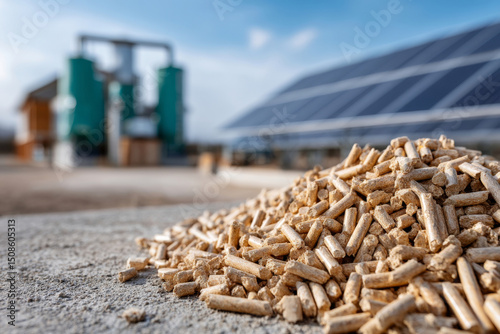 Outdoor pile of wooden pellets near renewable energy plant and solar panels