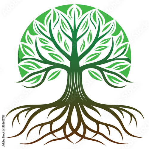 Vibrant Green Tree with Roots in a Circle on white background