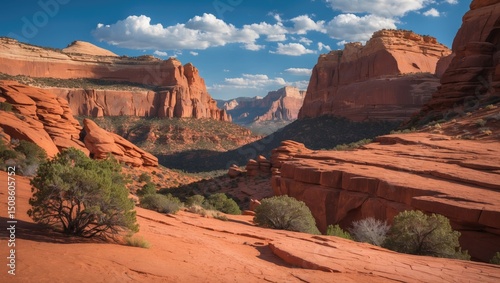 Amazing red rocks in a desert landscape with cliffs and sparse vegetation under a partly cloudy sky. photo