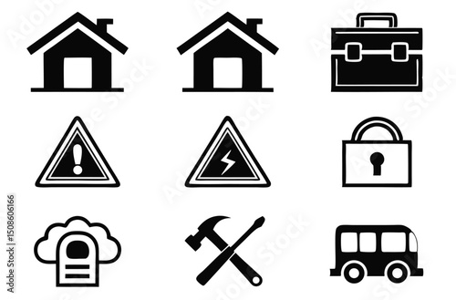Emergency and Home Repair Icon Set – Toolbox, Warning, House, Storm, Maintenance Symbols