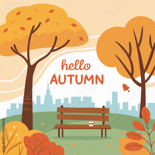 Autumn Park Bench Scene: Hello Autumn Illustration