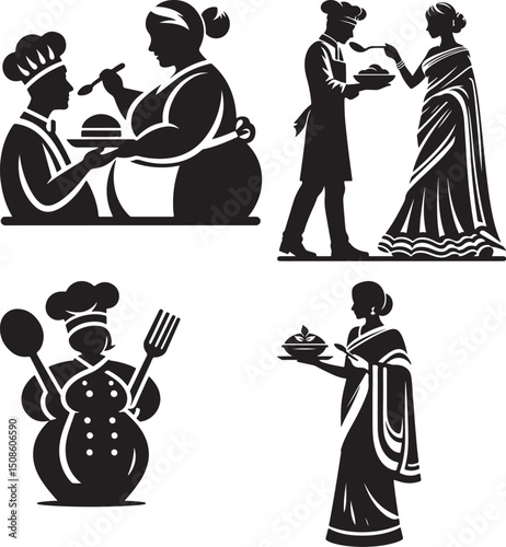 Collection of black and white silhouettes of chefs and women in traditional indian attire