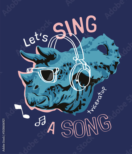 sing a song slogan with cartoon dinosaur in headphone vector illustration created by hand drawn