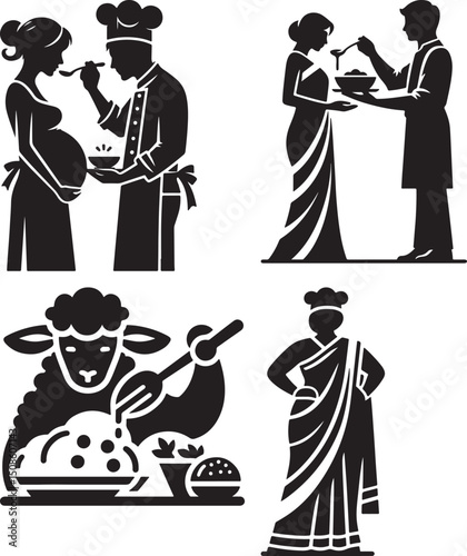 Black silhouette illustrations of pregnant woman, chef, couple, sheep, and woman in saree on white background