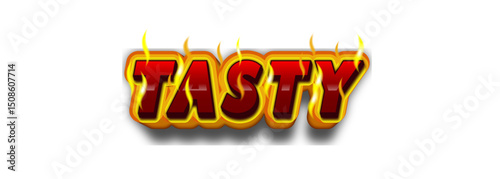 Vibrant "Tasty" word art with 3D effect and fiery glow, ideal for food, gaming, or entertainment-related content.