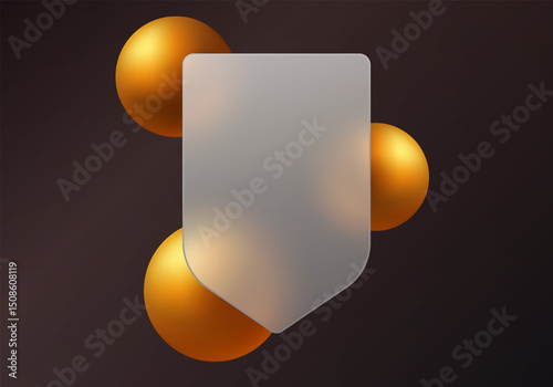 Dark shield with golden spheres for data protection, glass morphism style image.