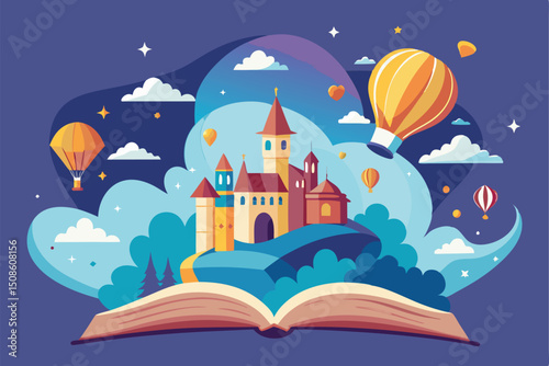 Fairy tale castle and magic book with a wand under a night sky, a whimsical illustration of a moonlit town with stars and silhouetted trees