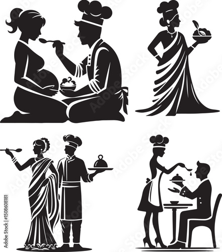 Four black and white silhouette illustrations of chefs and people eating food in various settings