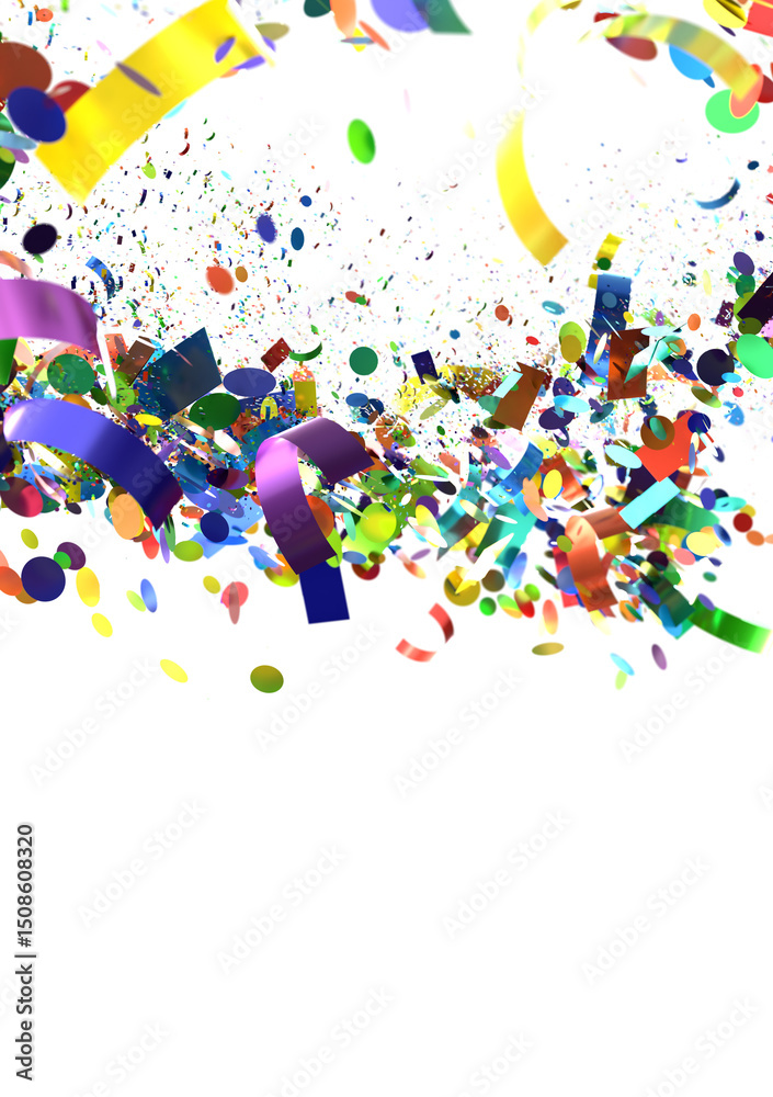 Fototapeta premium A festive background featuring a colorful explosion of confetti and ribbons on a white background.
