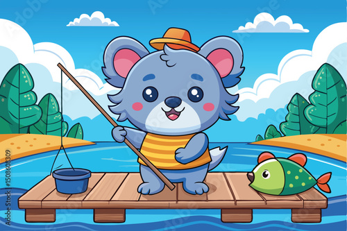 Cute cartoon animal illustration of a happy pirate shark with a treasure chest and a fun pirate ship with a dog