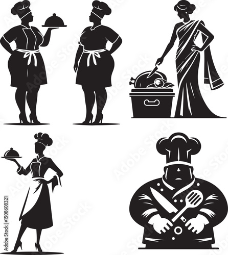 Silhouette illustrations of diverse chefs and culinary professionals in various poses and attire