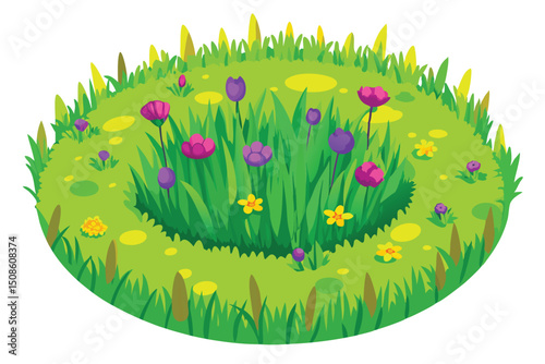 Easter eggs and spring flowers in a vibrant green meadow under a sunny sky