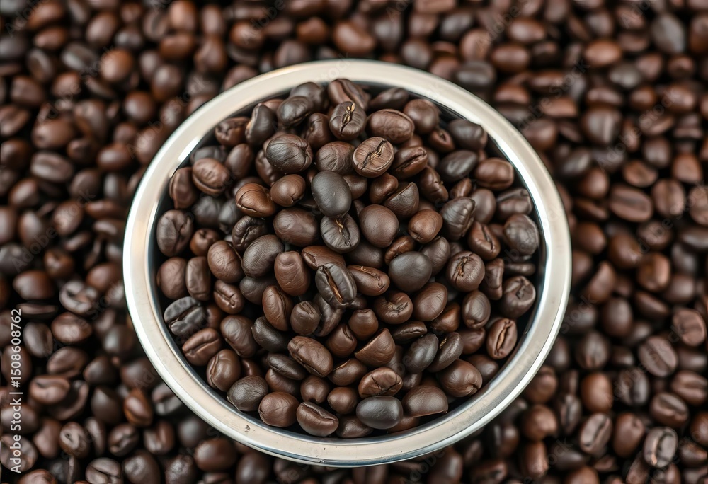 Fototapeta premium Silver bowl brimming with dark roasted coffee beans on a bed of roasted beans, still life, macro