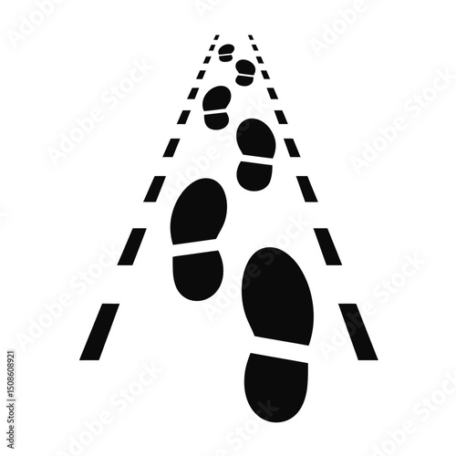 Path of footprints moving forward, depicted with dashed lines, symbolizing progression, travel, and future direction.