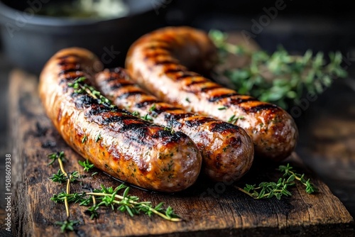 Fototapeta Naklejka Na Ścianę i Meble -  Grilled Sausages with Thyme on Wooden Board, BBQ Food, Grilled Meat