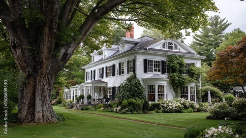 Elegant white house with black shutters surrounded by lush greenery and a grand old tree, creating a serene and inviting homestead scene.