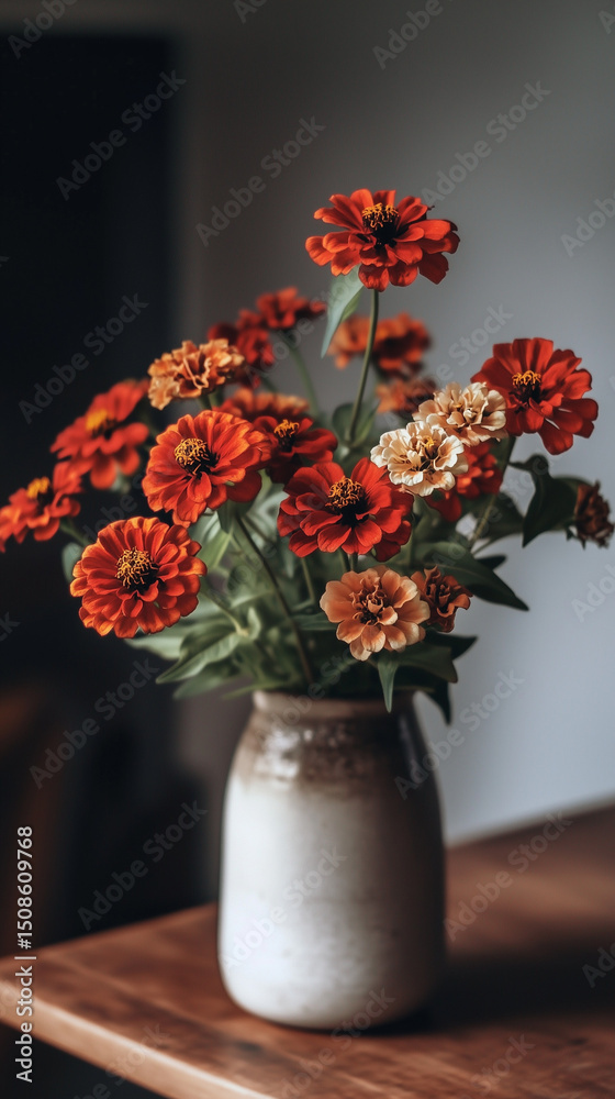 Obraz premium Closeup of cozy vase with zinia flowers