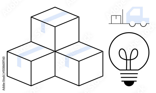 Stacked boxes with a truck symbolizing delivery and logistics, paired with a light bulb representing innovation and ideas. Ideal for logistics, supply chain, e-commerce, transportation, innovation
