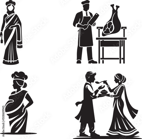 Four different black silhouette illustrations of people in various roles and situations shown
