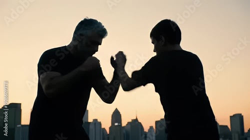 Silhouette of two figures practicing martial arts during sunrise over a cityscape outdoor training session mentorship and teamwork concept