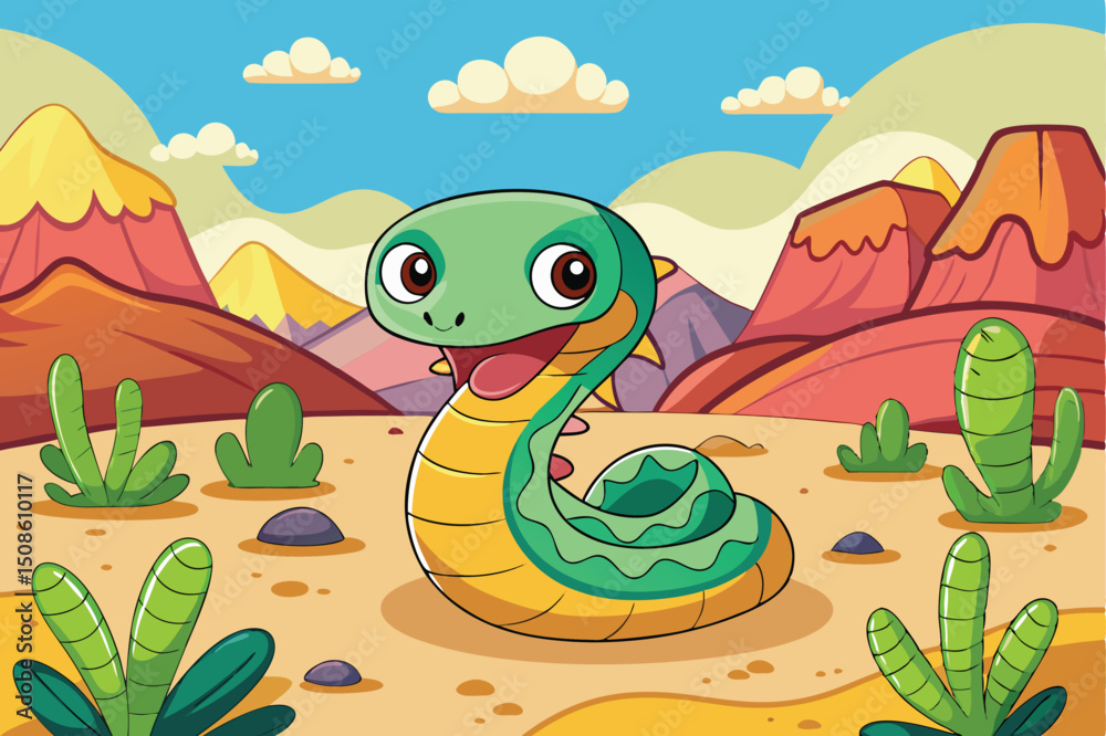 Fototapeta premium Cartoon green snake reptile character in desert, forest, and sand nature illustration