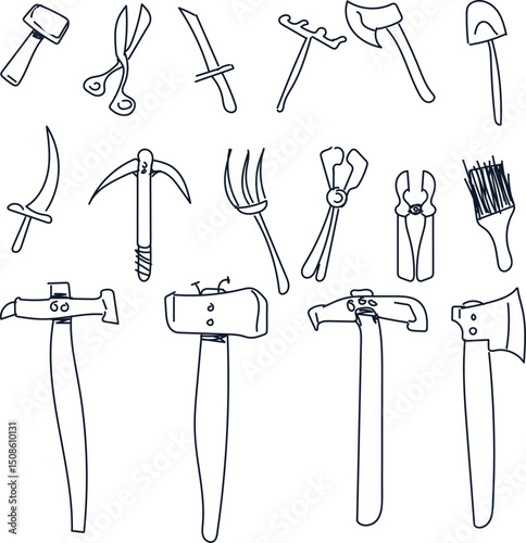 Simple line icons of useful household tools and things.