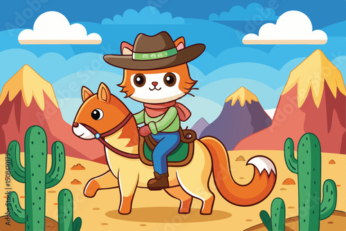 Cartoon illustration of a funny cowboy with a cactus in a western landscape