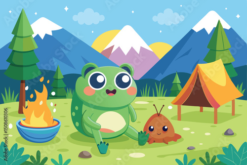Vector cartoon illustration of summer camping in the green forest mountains with a tent and sun
