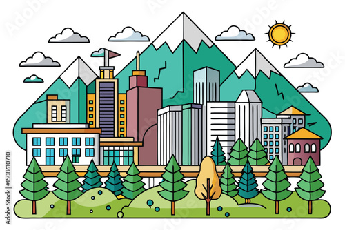 Cartoon vector illustration of urban city houses with trees and sky