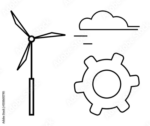 Wind turbine, gear, and cloud elements signify renewable energy, innovation, and environment. Ideal for sustainability, technology, clean energy, industry development eco-efficiency and progress
