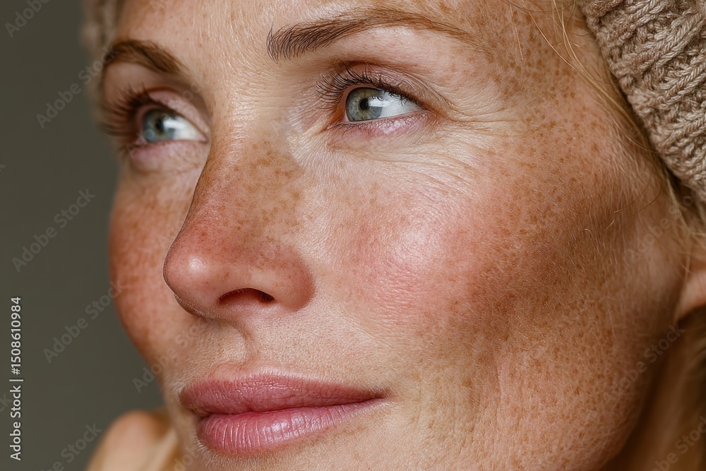 Fototapeta premium Close-up of mature woman's freckled face with natural expression and soft lighting. mature woman's face with visible freckles and wrinkles, natural skin texture, concept of aging and beauty
