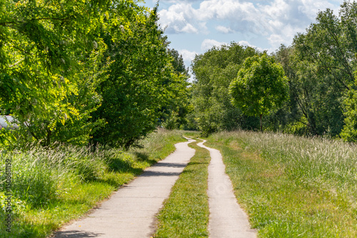 Curvy cycle and footpath in the countryside. A narrow, curvy path winds through a green meadow landscape. The idyllic setting invites you to stroll or cycle