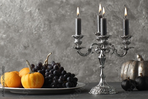 Elegant Silver Candlesticks With Pumpkins And Grapes On Dark Background