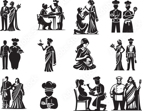 A collection of black and white vector illustrations featuring chefs and pregnant women in saris