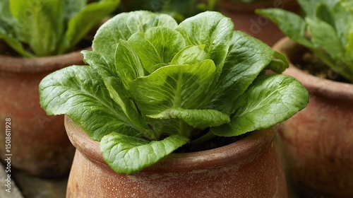 Vibrant green lettuce thrives in a terracotta pot, showcasing the beauty of home gardening and fresh produce.