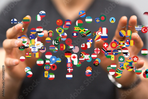 Quadro su tela Image of hands gently cradling numerous flags, symbolizing international collaboration and global unity