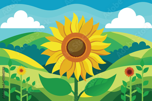 Bright yellow sunflowers stretch towards the sunny blue sky in a vibrant summer field