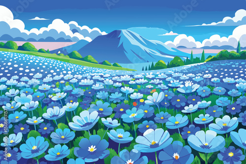 Vibrant spring and summer mountain landscapes with blooming flowers in green meadows under clear skies